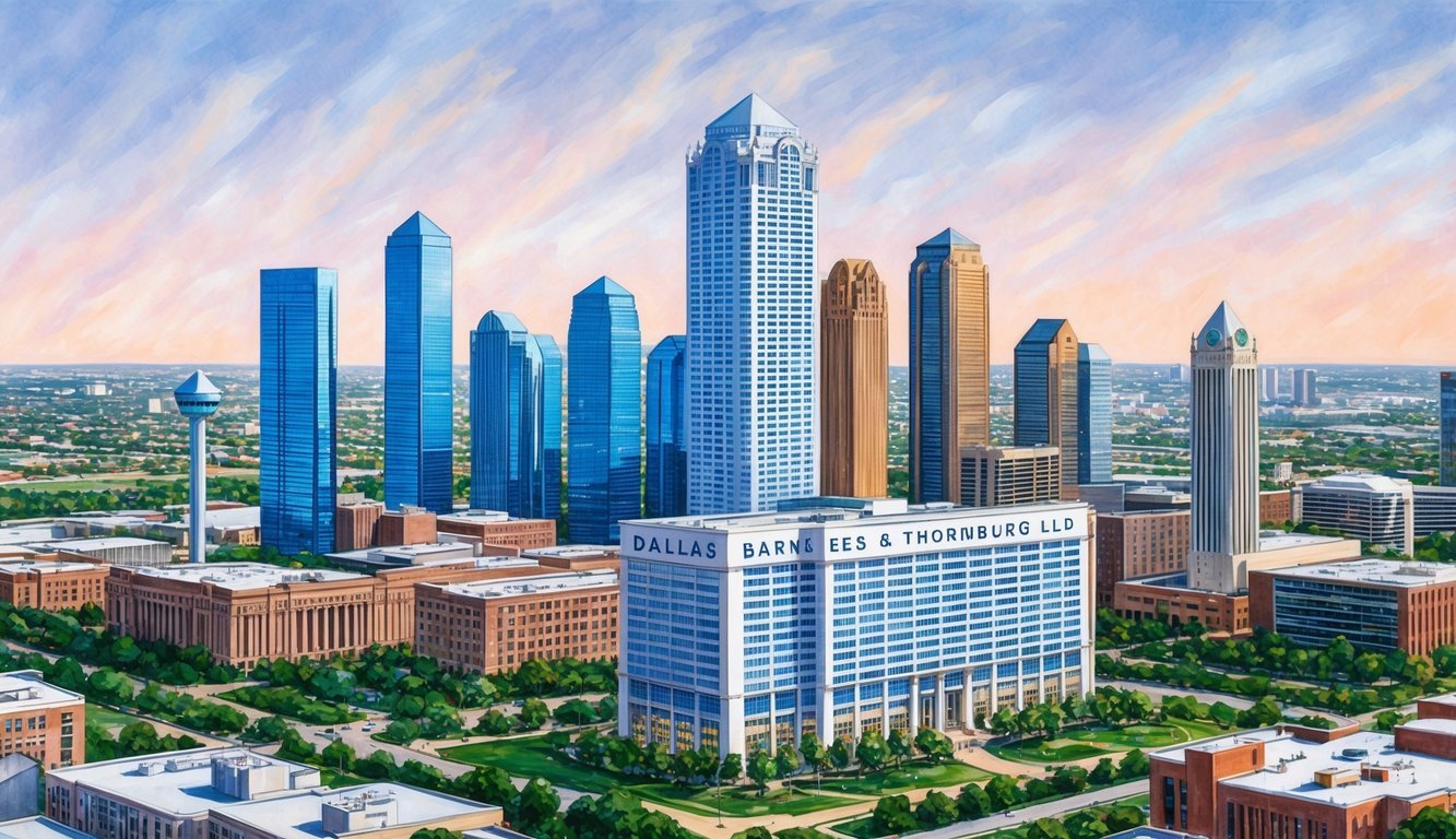 The Dallas skyline with the Barnes & Thornburg LLP building prominently featured, surrounded by other notable landmarks