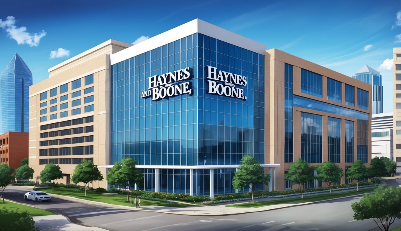 A modern office building in downtown Dallas with the Haynes and Boone, LLP logo prominently displayed on the exterior