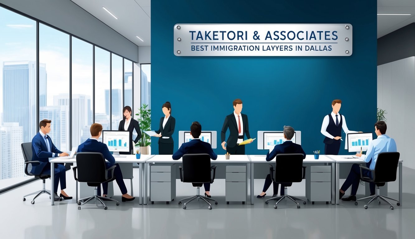 A bustling office with a sleek, modern design and a team of professionals working diligently at their desks.</p><p>A sign bearing the name "Taketori & Associates Best Immigration Lawyers in Dallas" hangs prominently on the wall