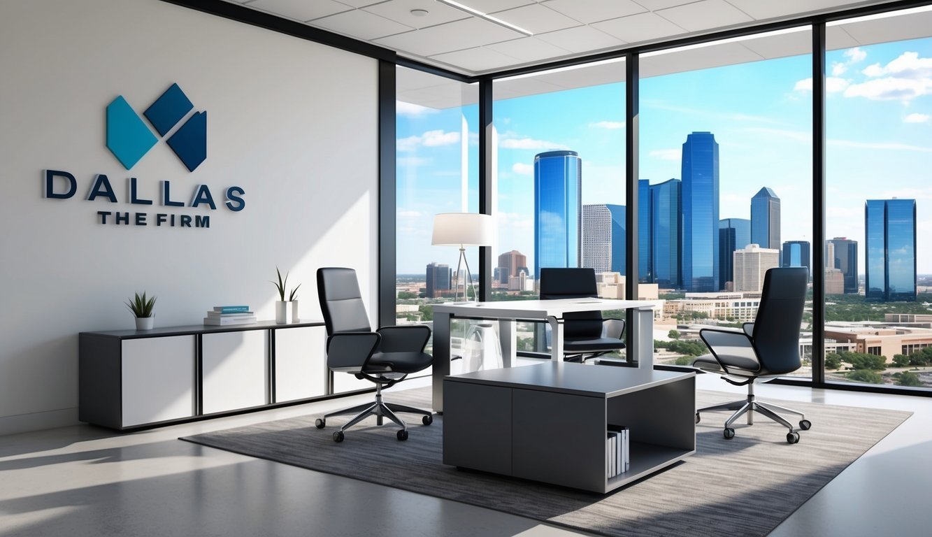 A modern office with sleek furniture and large windows overlooking the Dallas skyline.</p><p>The firm's logo is prominently displayed on the wall