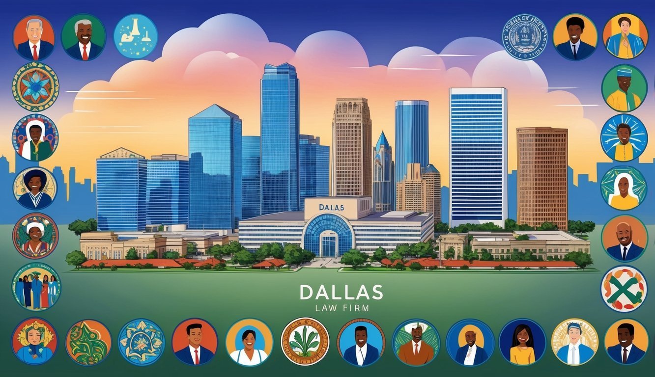 A Dallas skyline with a prominent law firm building, surrounded by diverse cultural symbols and people from various backgrounds