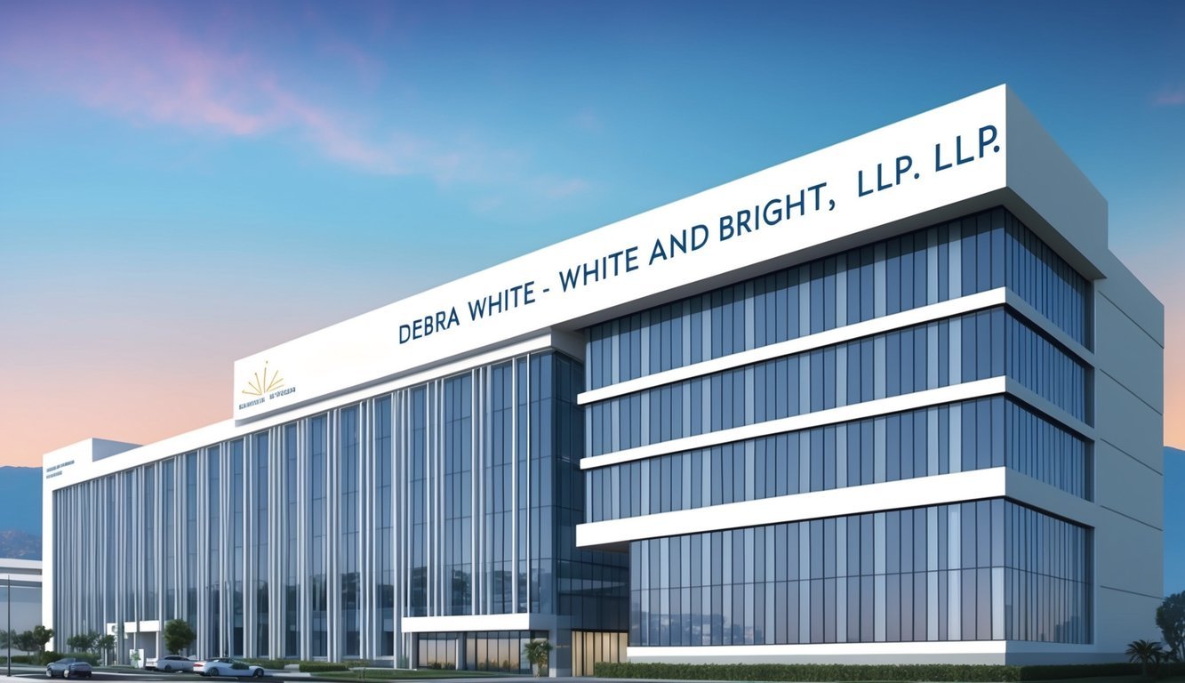 A modern and sleek office building with a prominent sign for "Debra White - White and Bright, LLP" in Los Angeles