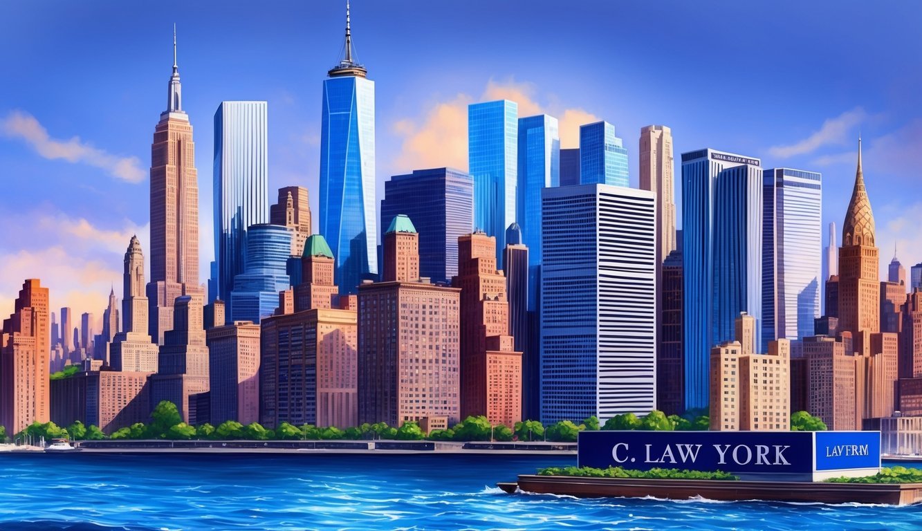 A bustling New York City skyline with iconic skyscrapers and a prominent law firm sign