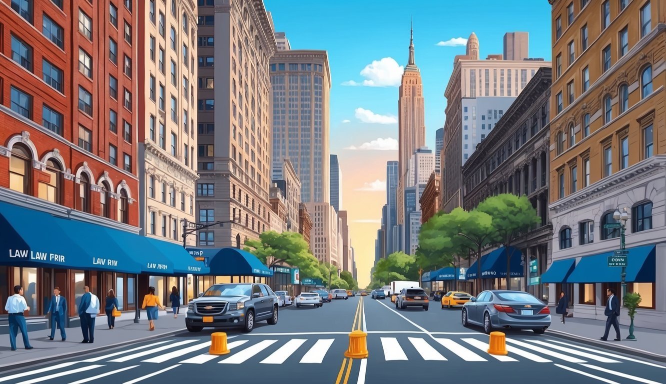 A bustling New York City street with skyscrapers and a prominent law firm sign