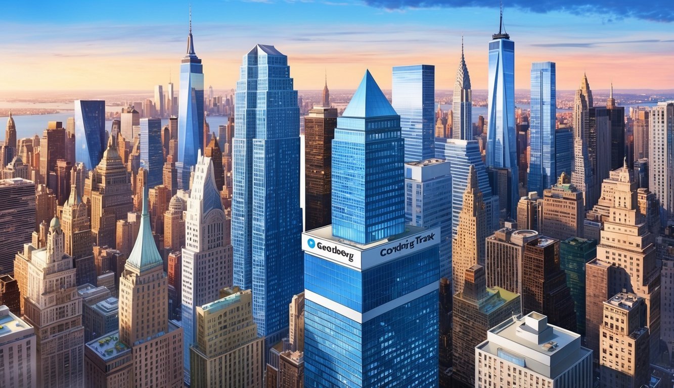 A bustling New York cityscape with iconic skyscrapers and a prominent Greenberg Traurig office building in the foreground