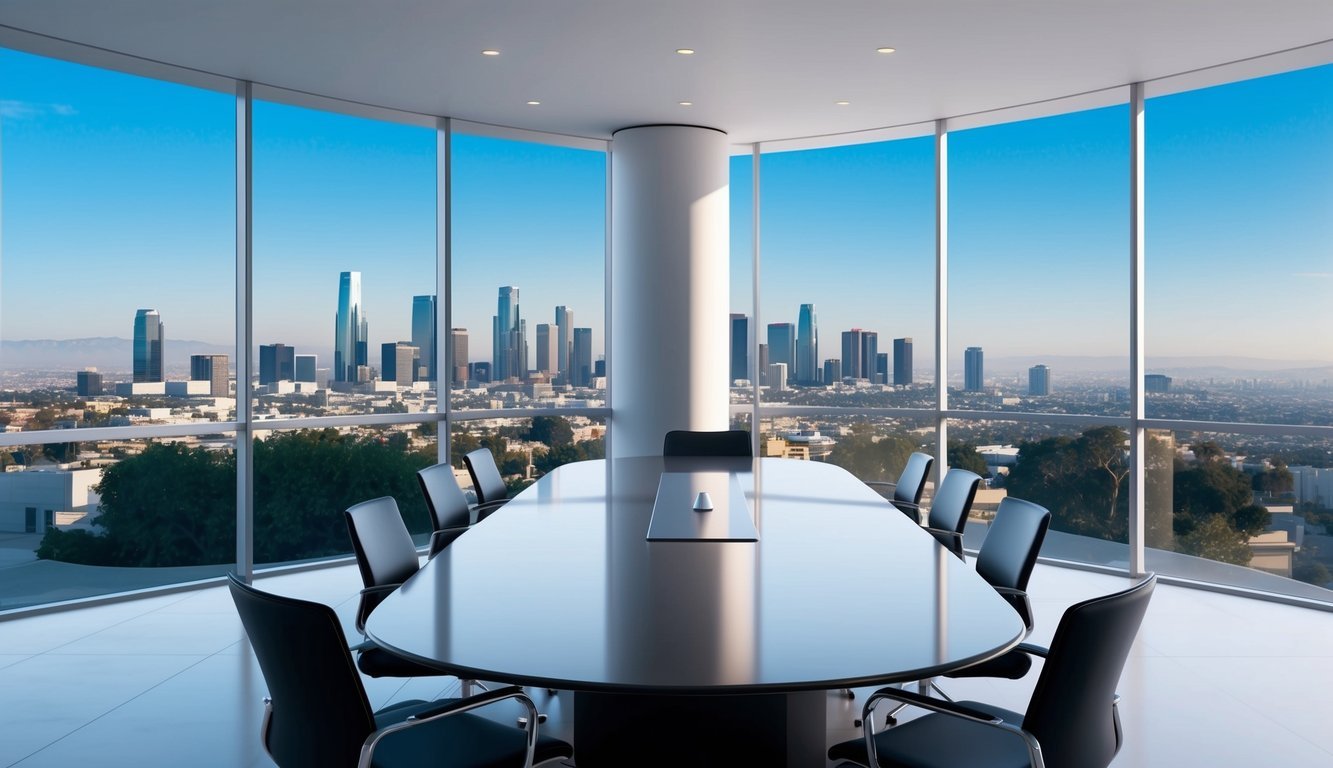 A sleek, modern office with floor-to-ceiling windows overlooking the Los Angeles skyline.</p><p>A large, polished conference table is the centerpiece of the room, surrounded by stylish chairs and minimalist decor