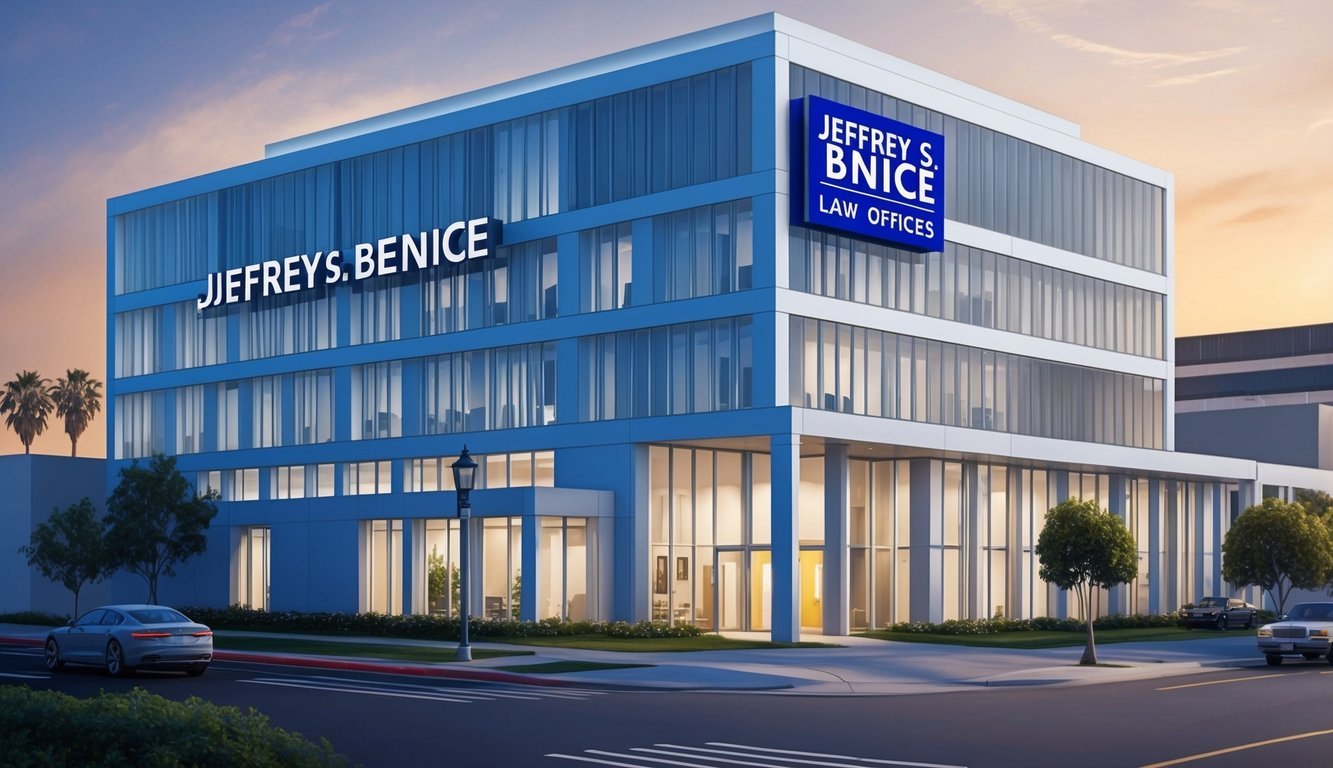 A modern office building in Los Angeles with a prominent sign for "Jeffrey S. Benice - Law Offices" displayed prominently