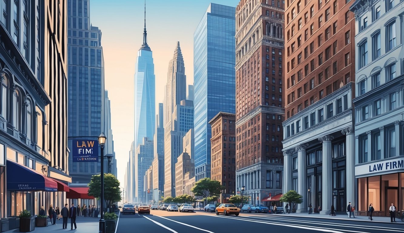 A bustling New York City street with towering skyscrapers and a prominent law firm sign