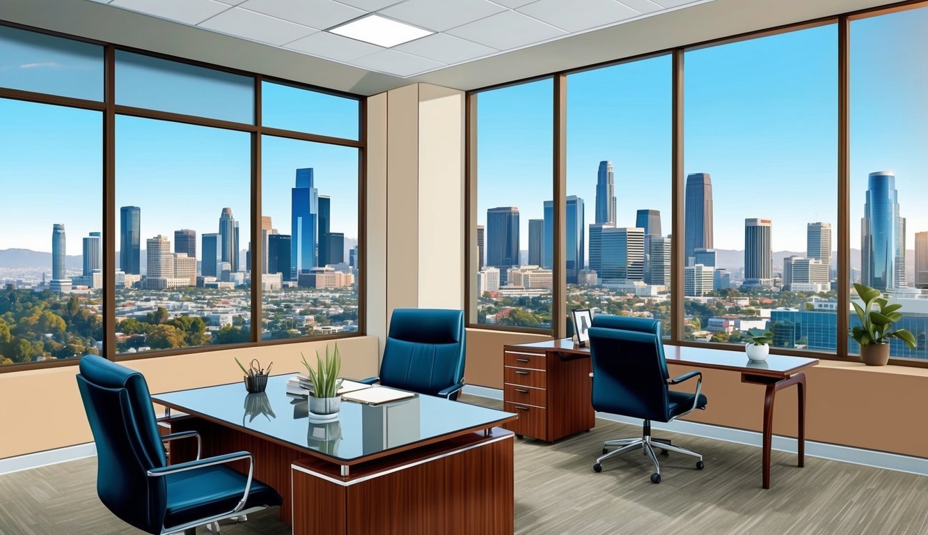 A bustling law office in Los Angeles, with modern decor and large windows overlooking the city skyline