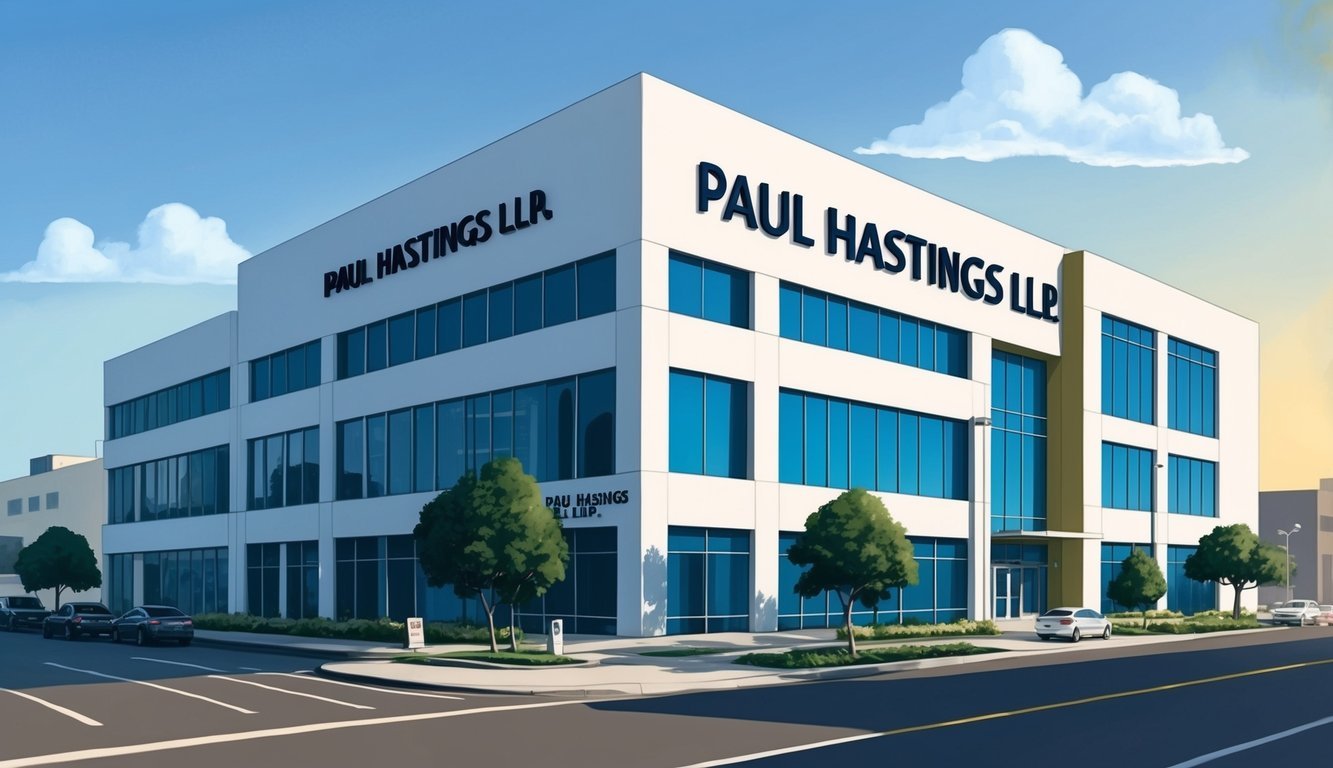 A modern office building in downtown Los Angeles with a prominent sign for "Paul Hastings LLP" displayed prominently on the exterior