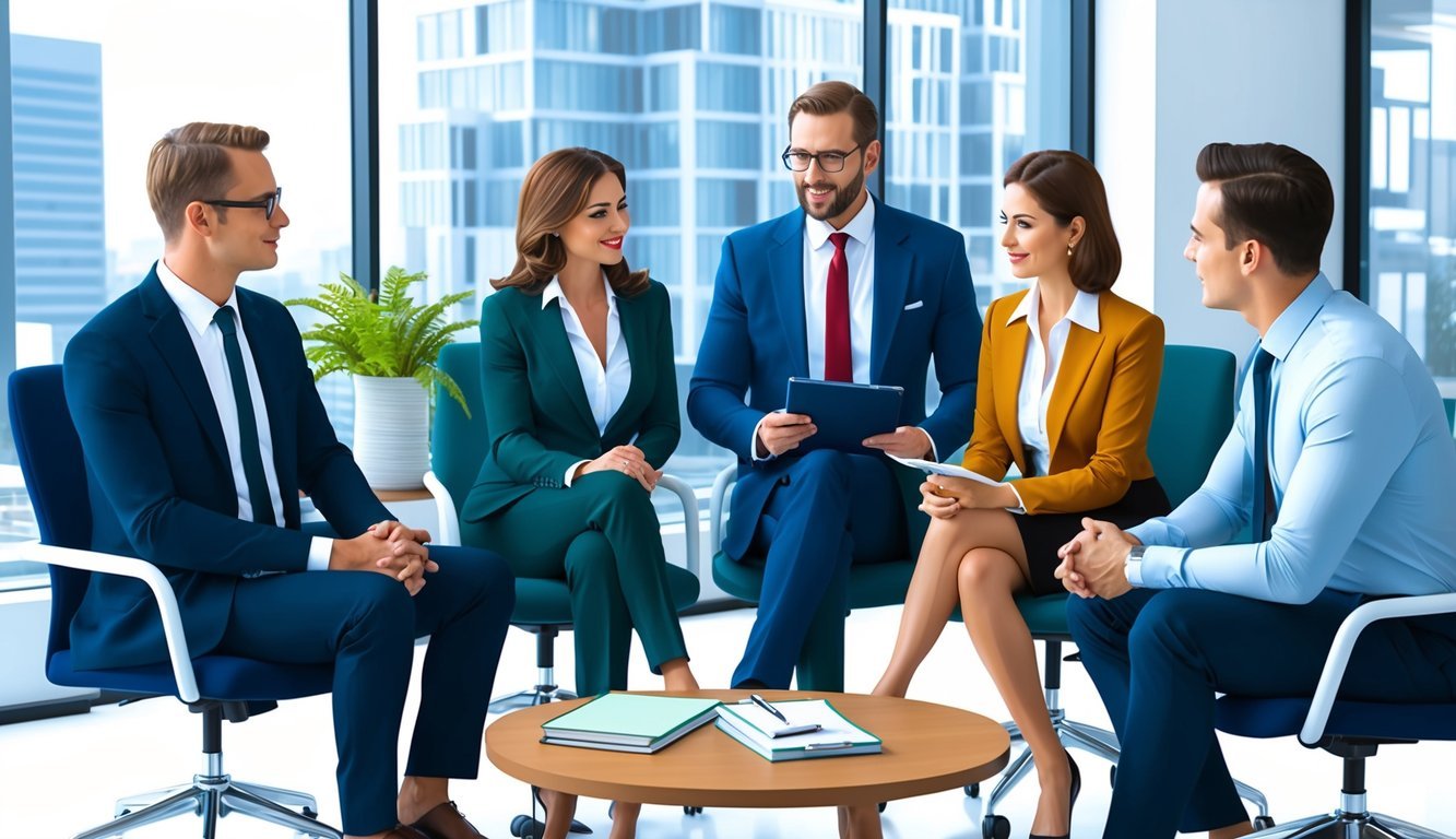 A group of lawyers in a modern office discussing real estate law and business matters in Los Angeles