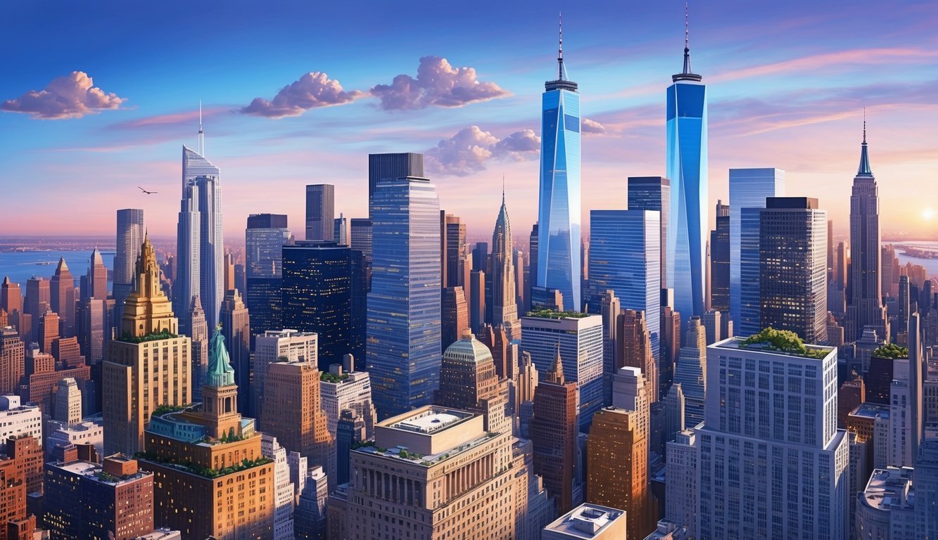 A bustling New York City skyline with iconic skyscrapers and a prominent law firm building