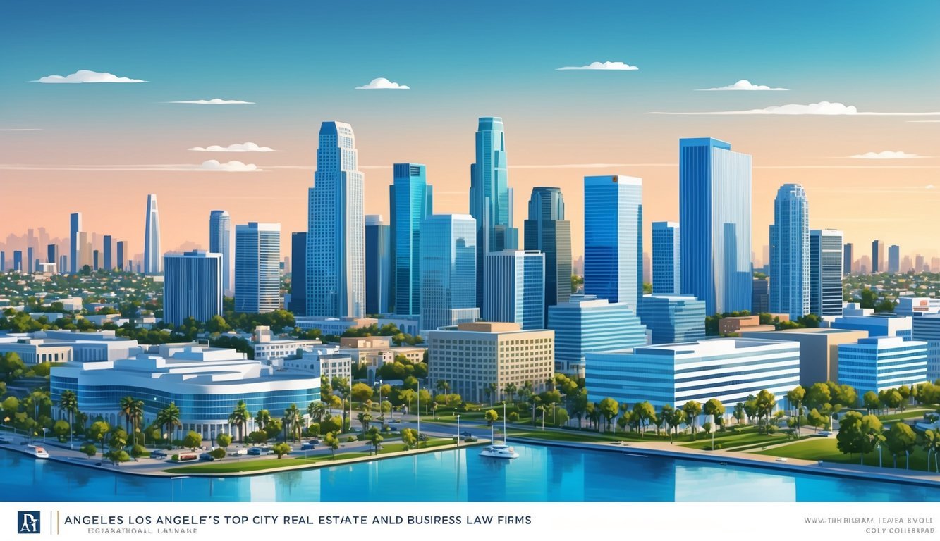 A bustling cityscape with iconic Los Angeles landmarks and modern office buildings, representing the dynamic and professional atmosphere of the city's top real estate and business law firms