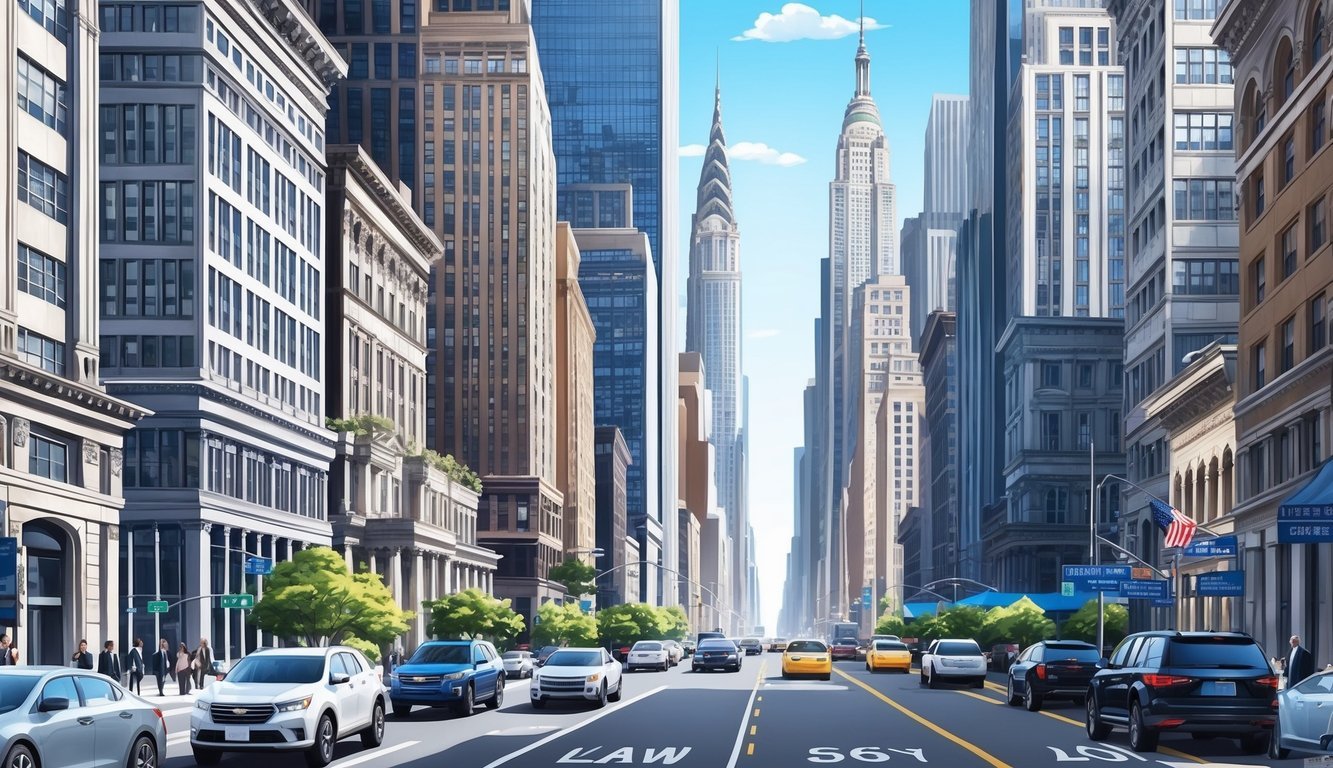 A bustling New York City street with towering skyscrapers and law offices, showcasing the hustle and bustle of the real estate and business legal world