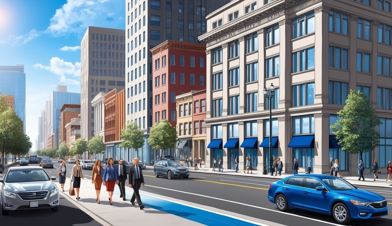 A busy city street with tall buildings and law offices, with people walking and cars driving by