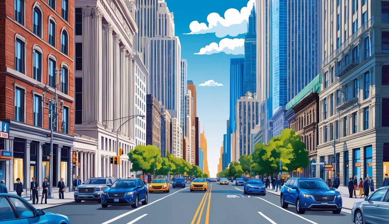 A bustling city street with skyscrapers and law offices, showcasing the vibrant legal and business scene in New York