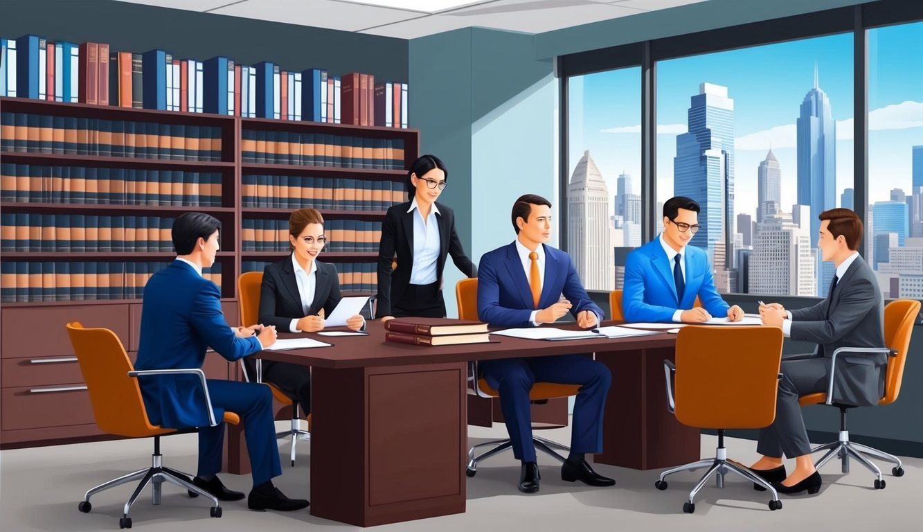 A busy office with lawyers meeting with clients, shelves of legal books, and a city skyline visible through the window