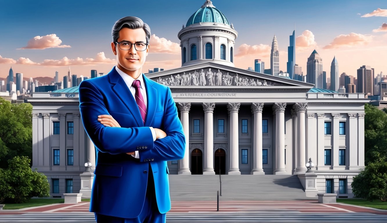 A lawyer standing confidently in front of a grand courthouse, with a city skyline in the background