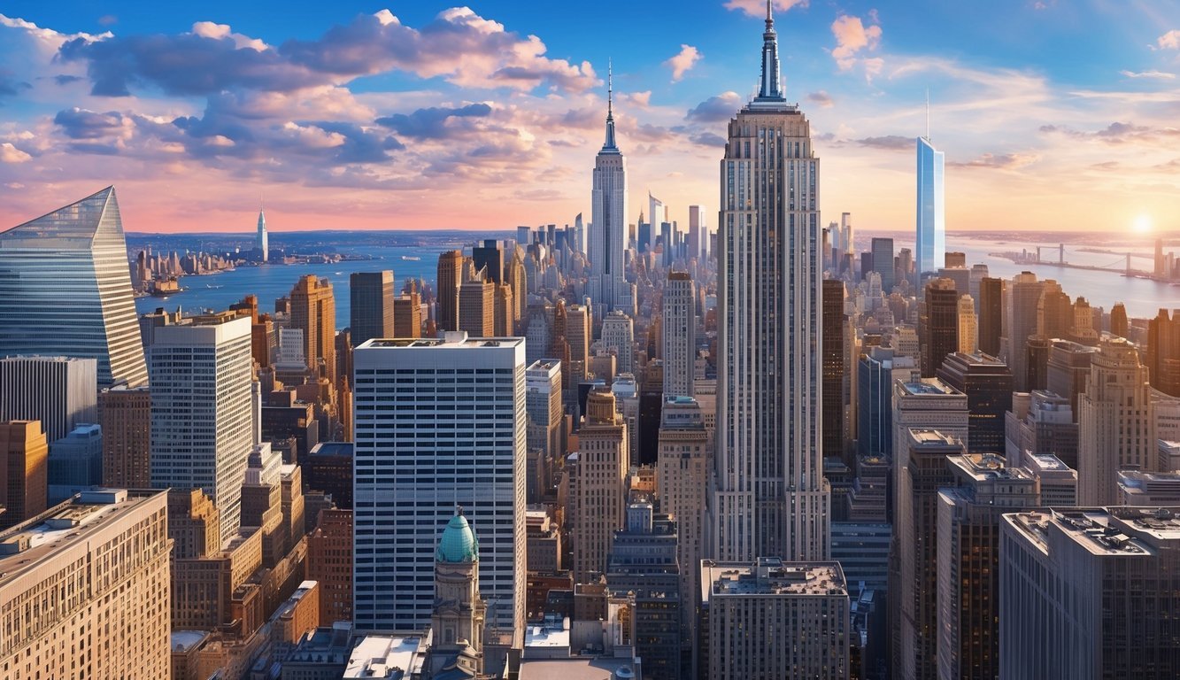 A bustling New York cityscape with skyscrapers and law offices