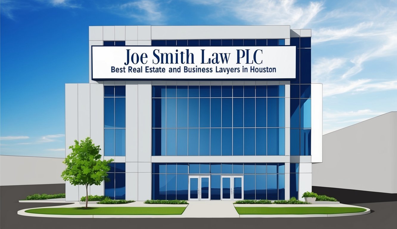 A modern office building with a prominent sign reading "Joe Smith Law PLC Best Real Estate and Business Lawyers in Houston" displayed prominently