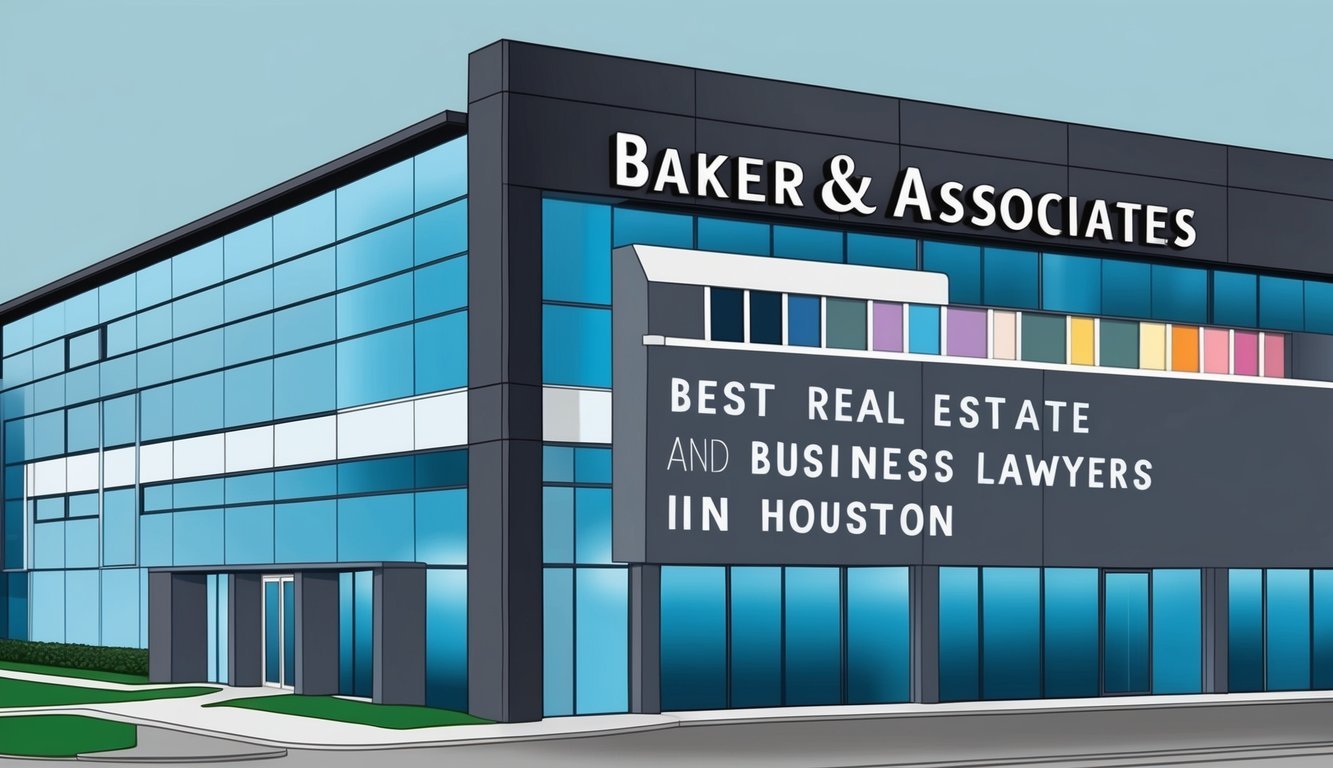 A modern office building with a sleek exterior and a prominent sign reading "Baker & Associates Best Real Estate and Business Lawyers in Houston" displayed prominently