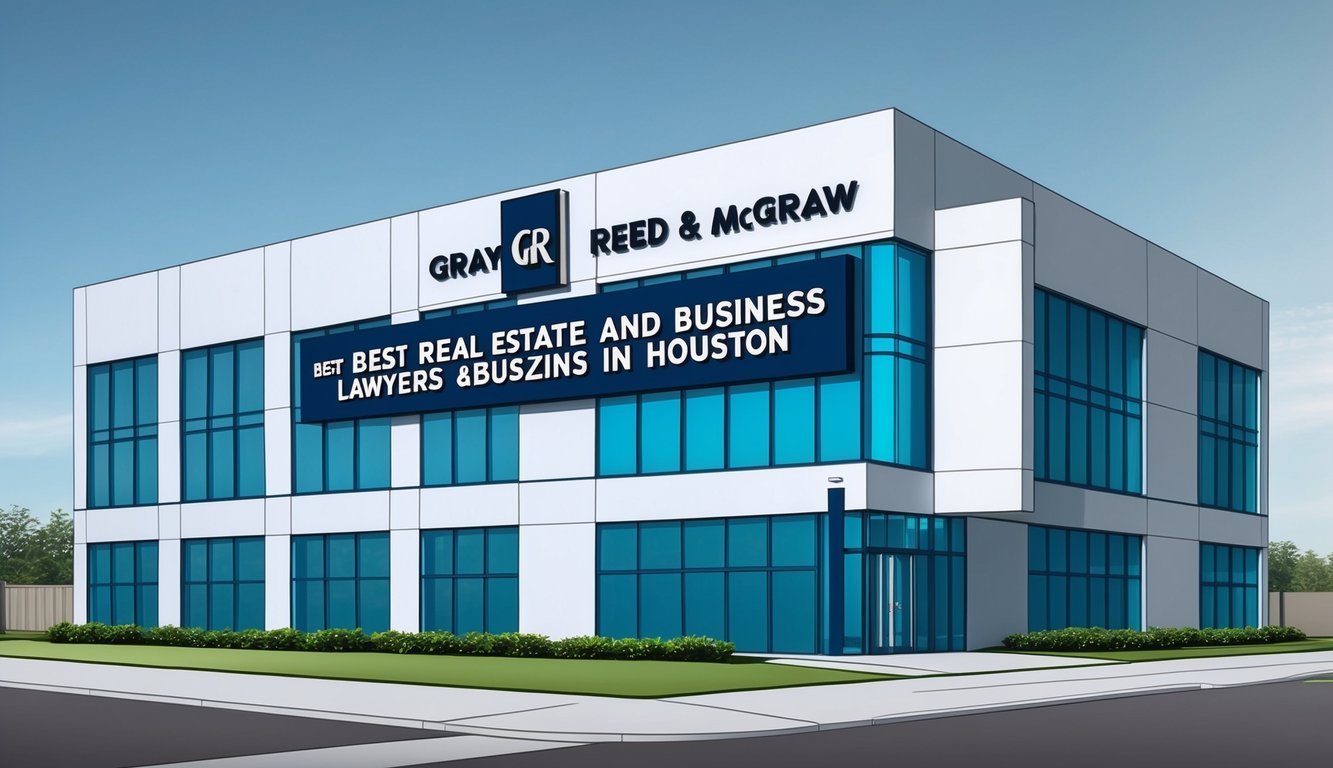 A modern office building with a sleek exterior and a prominent sign reading "Gray Reed & McGraw Best Real Estate and Business Lawyers in Houston" displayed prominently at the entrance