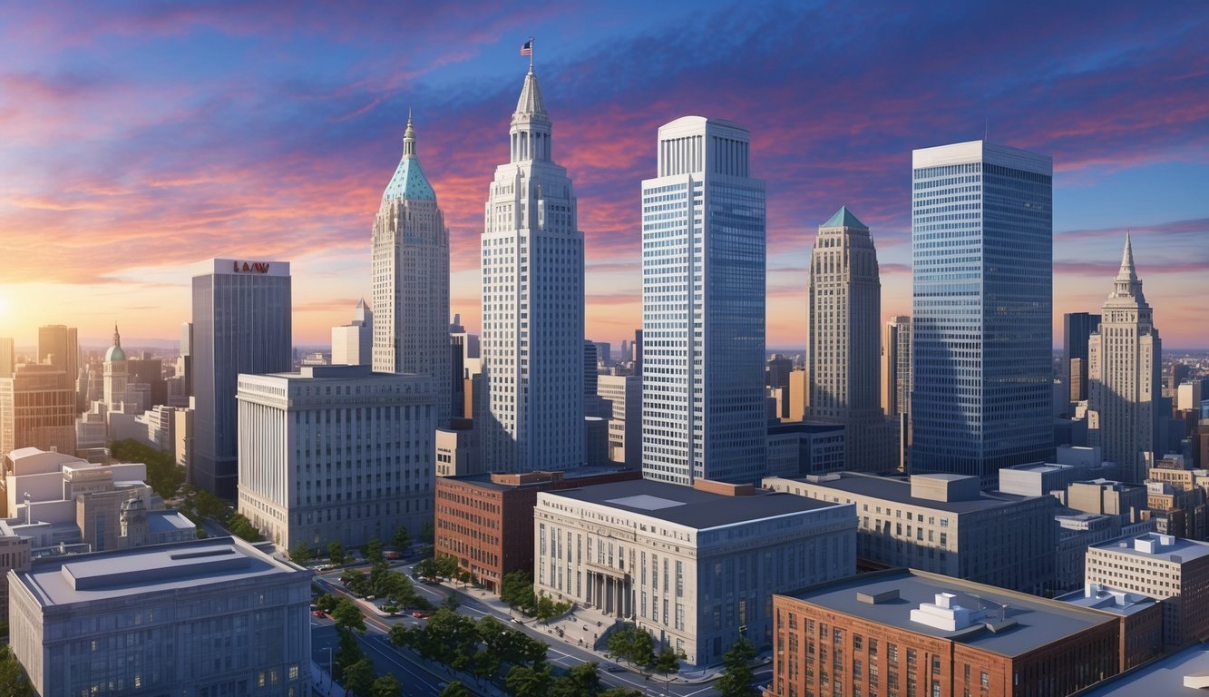 A bustling city skyline with prominent law office building