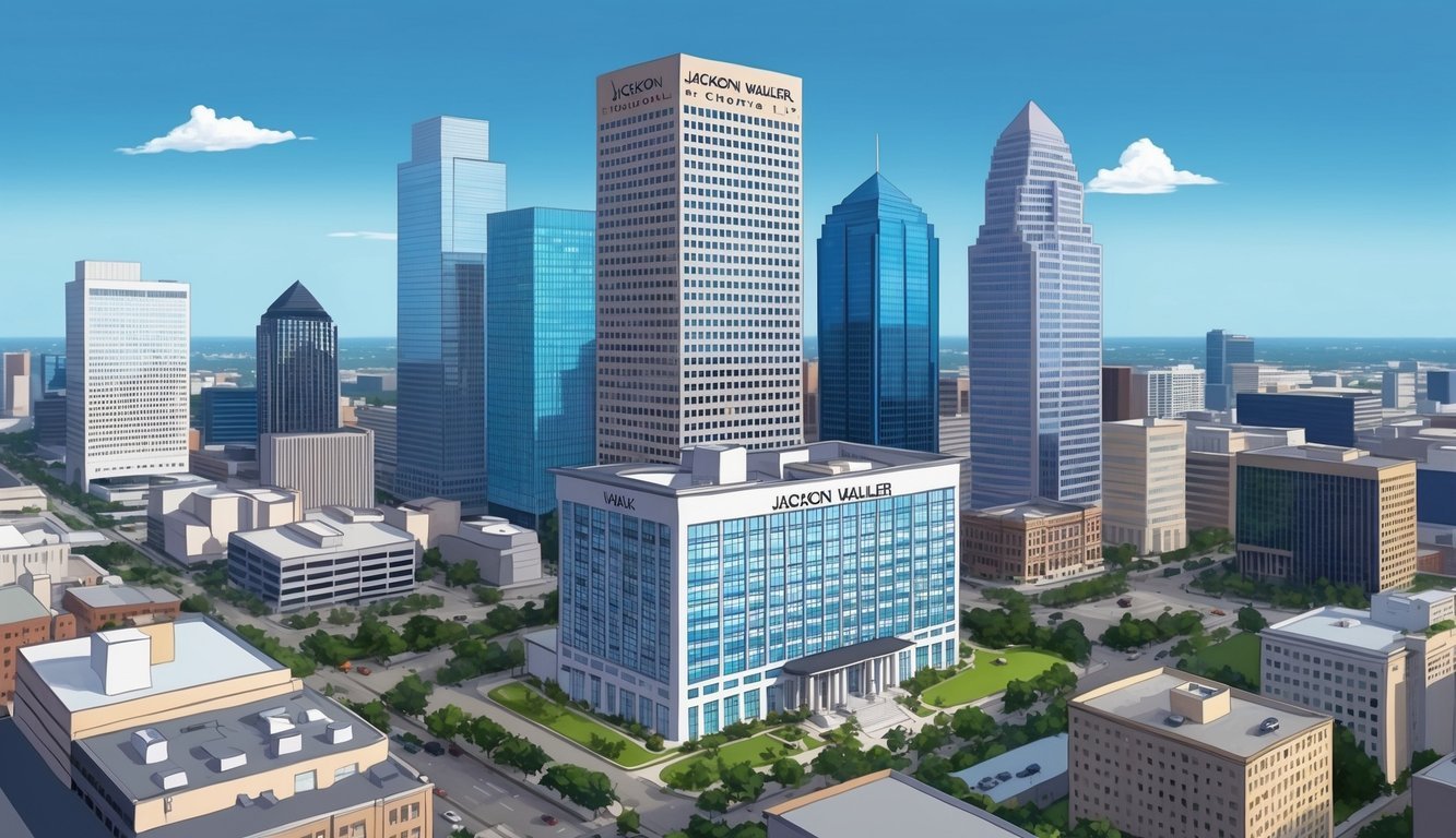 A bustling cityscape with towering skyscrapers and a prominent law office building labeled "Jackson Walker LLP" in Houston