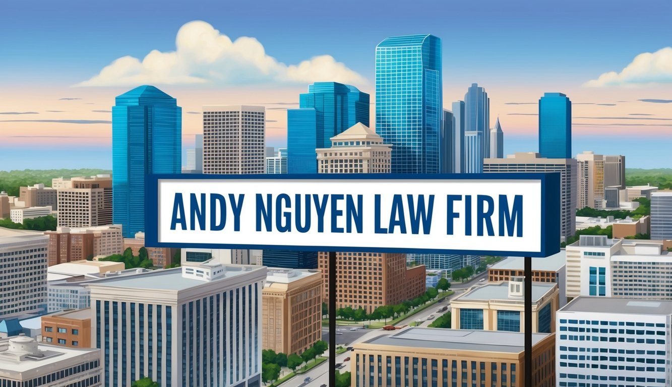 A bustling cityscape with a prominent sign for "Andy Nguyen Law Firm" in the heart of Houston's business district