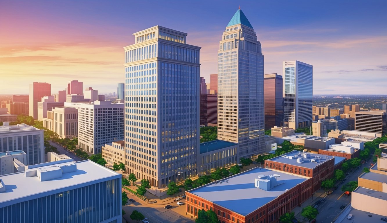 A bustling cityscape with a prominent law office building in Houston's downtown area