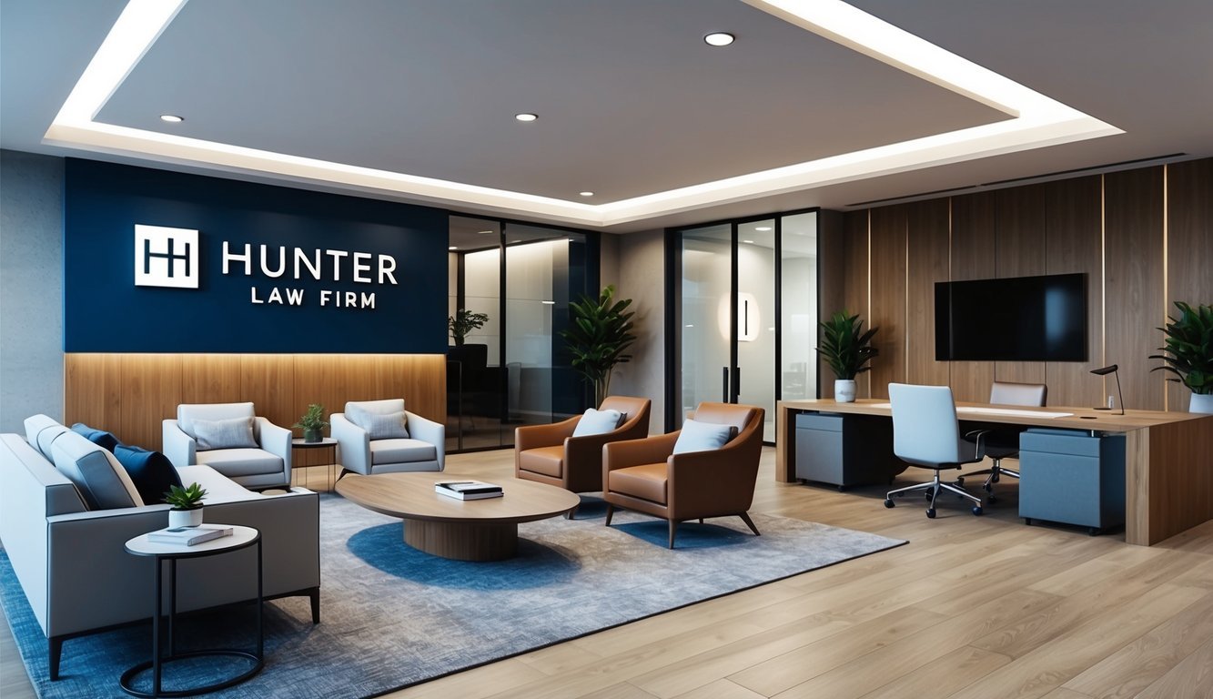 A professional office setting with modern furniture and decor, featuring a sleek logo and signage for "Hunter Law Firm" prominently displayed