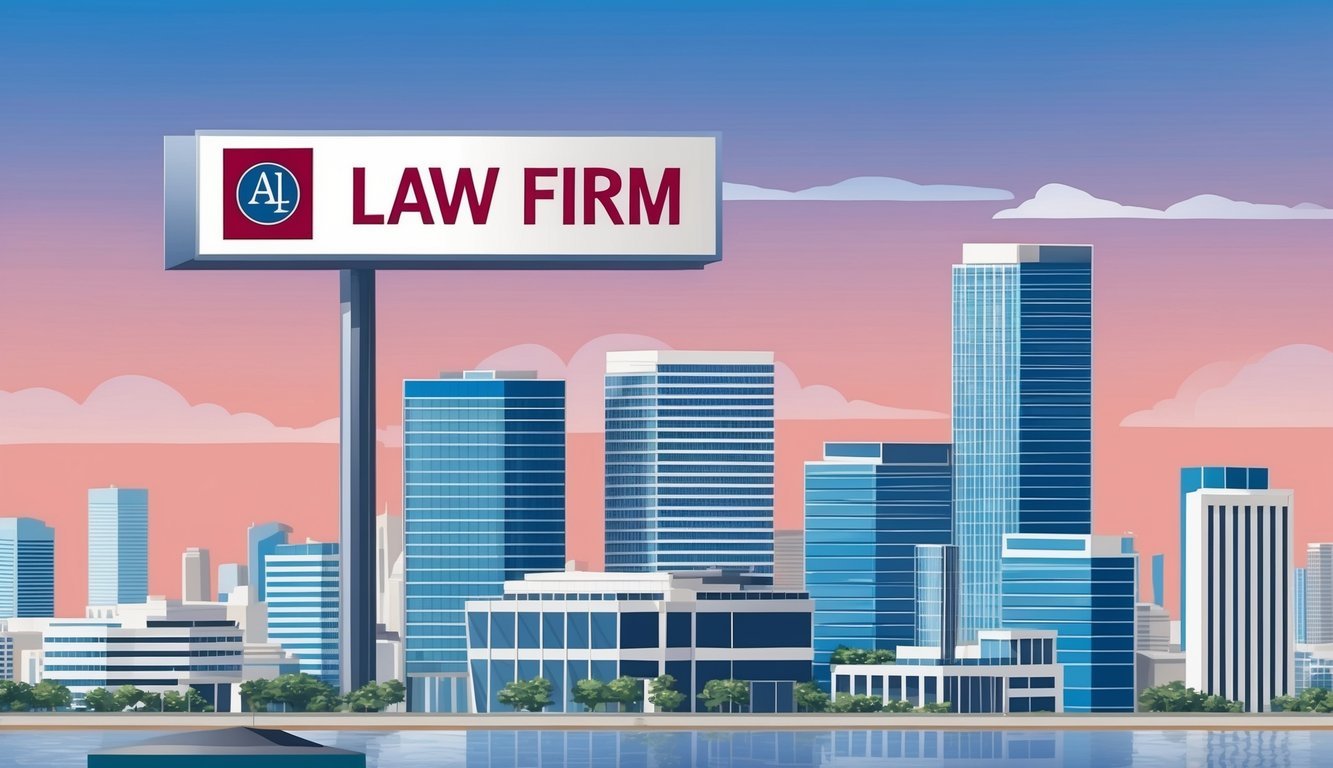 A city skyline with modern office buildings and a law firm sign prominently displayed