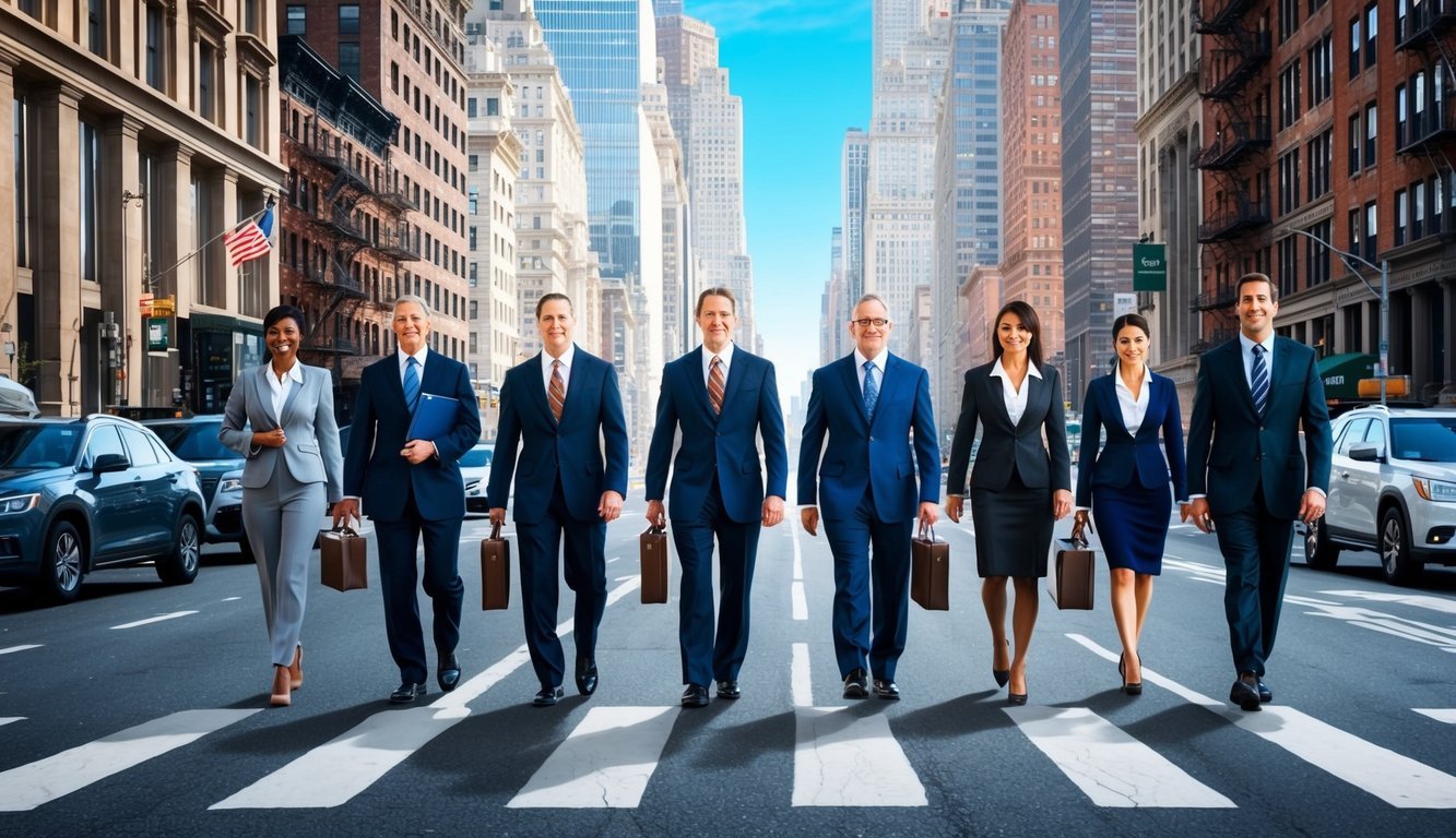 Busy New York City street with skyscrapers in the background.</p><p>A group of lawyers in suits and briefcases walk confidently