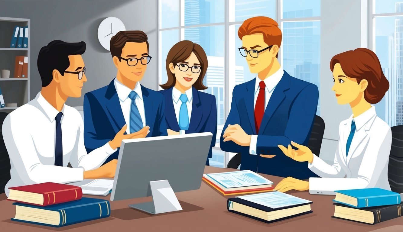 A group of lawyers discussing cases in a modern office setting, with law books and computers on the desk