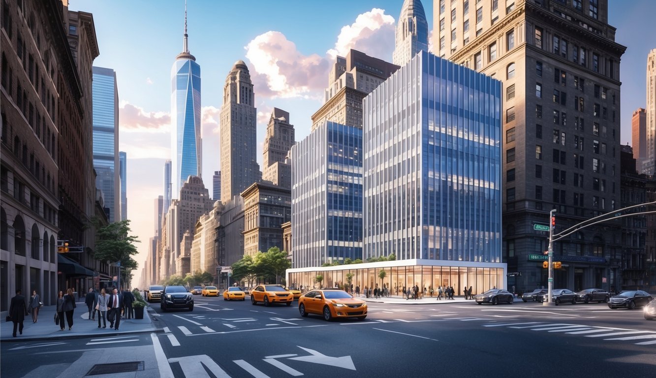 A bustling New York City street with iconic skyscrapers and a sleek, modern law office nestled among the bustling cityscape