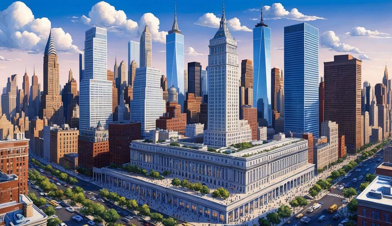 A bustling New York City skyline with a prominent law office building and busy streets below