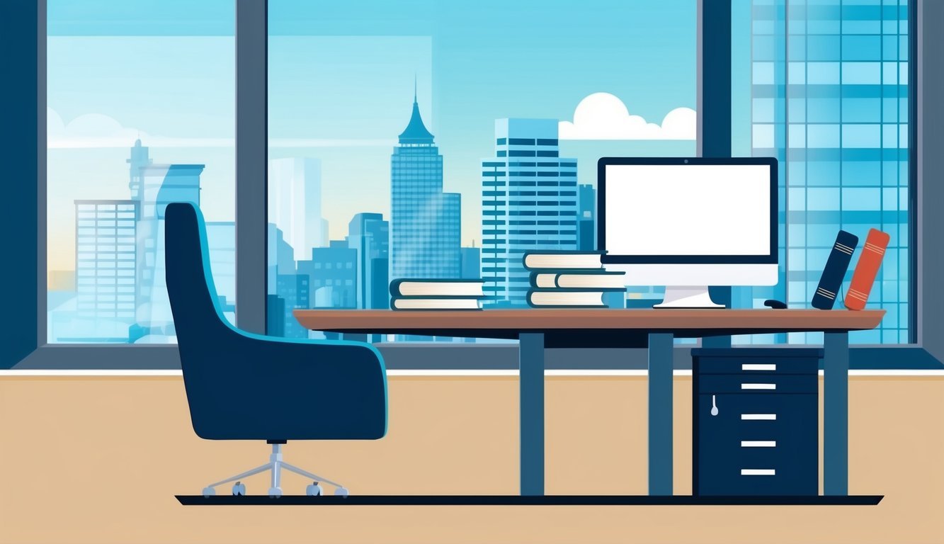 An office scene with a sleek desk, computer, and law books.</p><p>A city skyline visible through a large window