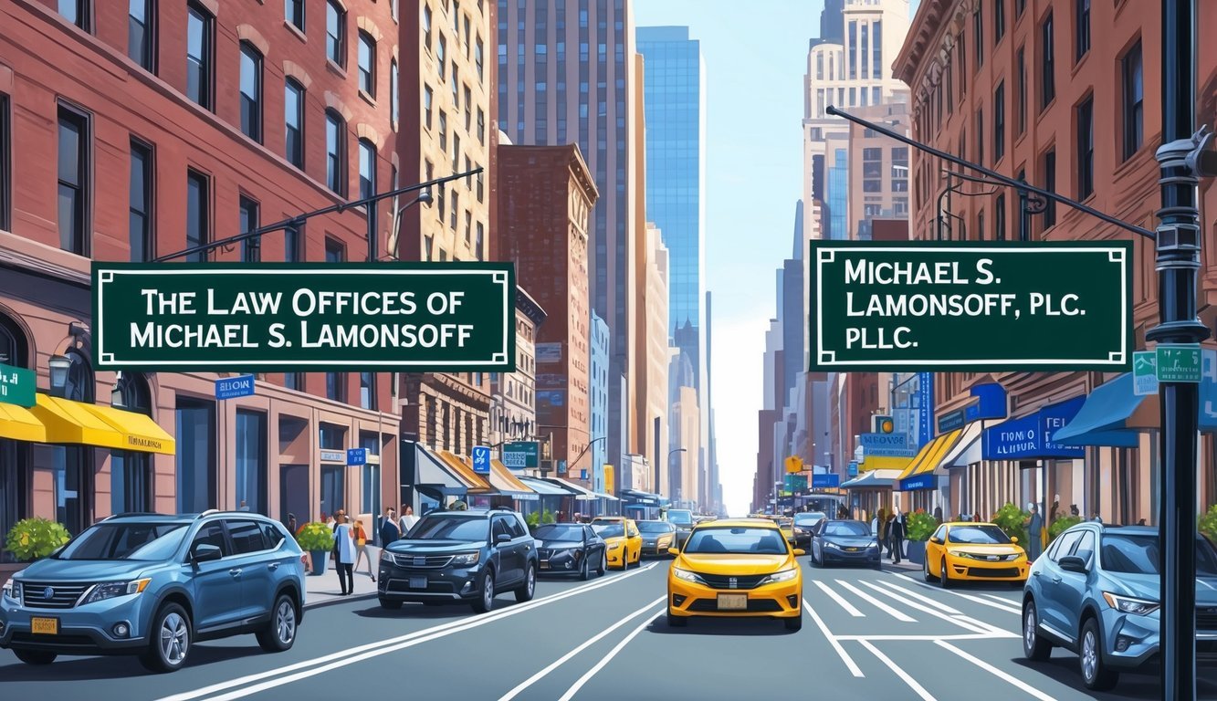 A bustling New York City street with a prominent sign for "The Law Offices of Michael S. Lamonsoff, PLLC" in the background