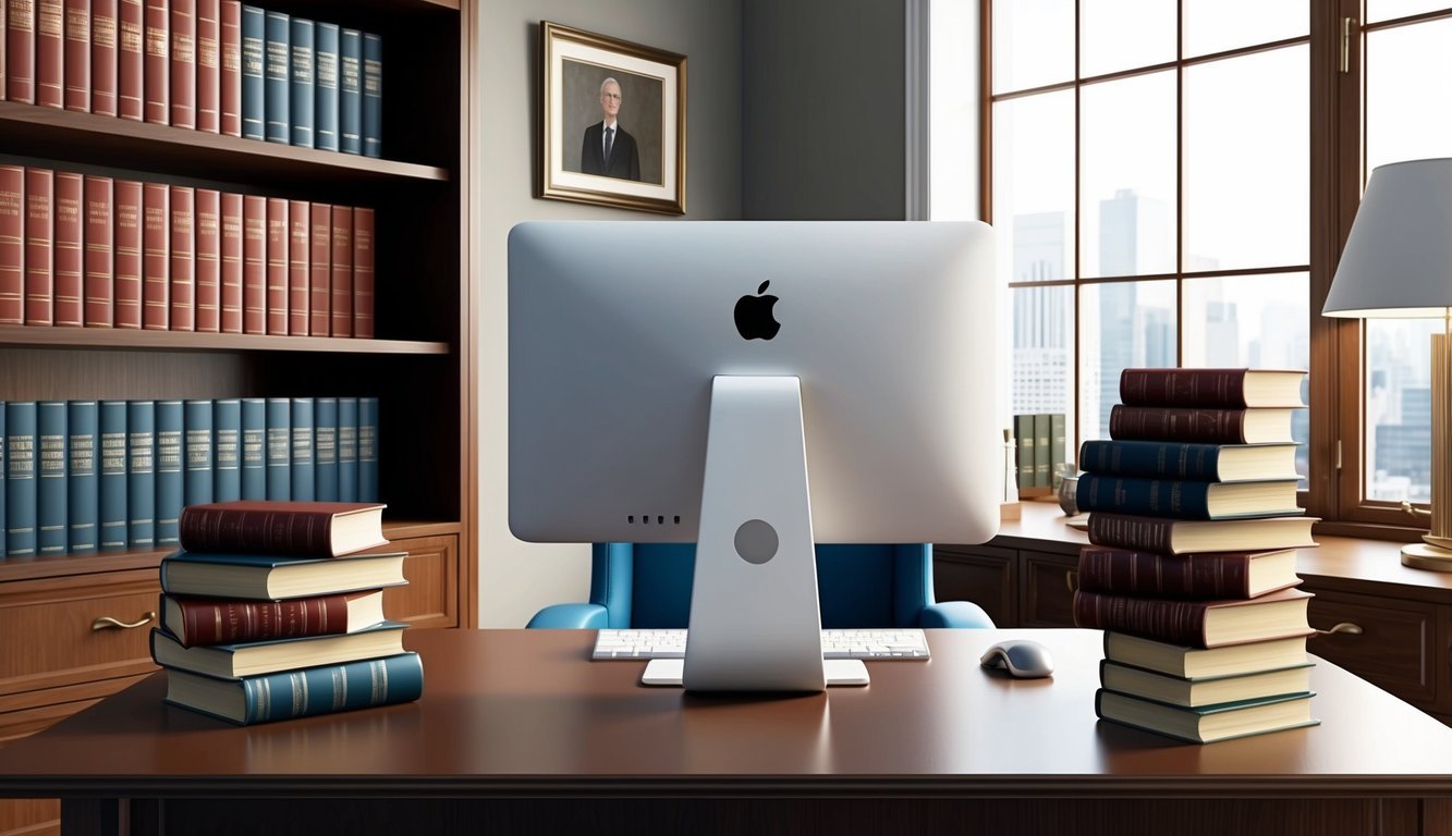 A lawyer's office with legal books, a desk, and a computer