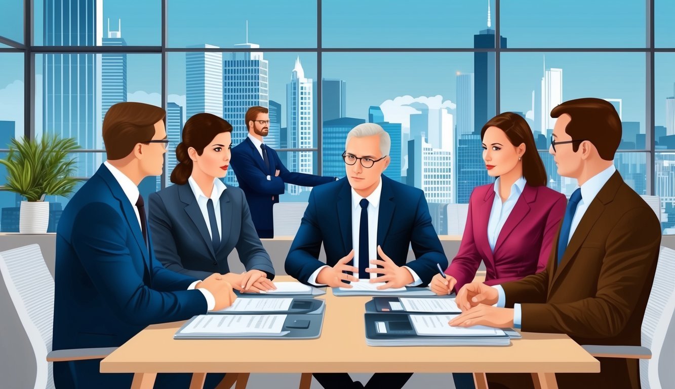 A group of lawyers discussing cases in a modern office with city skyline in the background