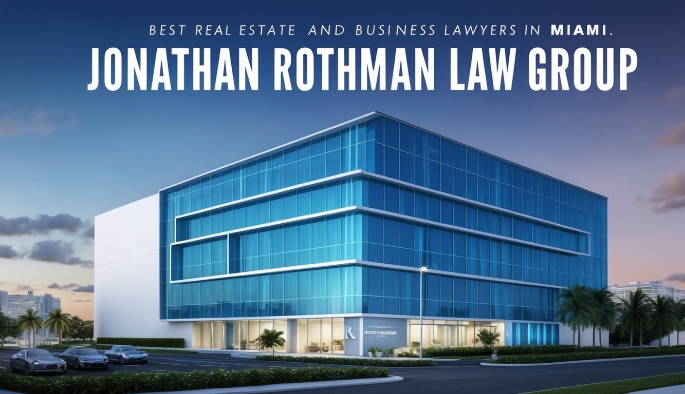 A modern office building with a sleek exterior and a prominent sign reading "Jonathan Rothman Law Group - Best Real Estate and Business Lawyers in Miami."