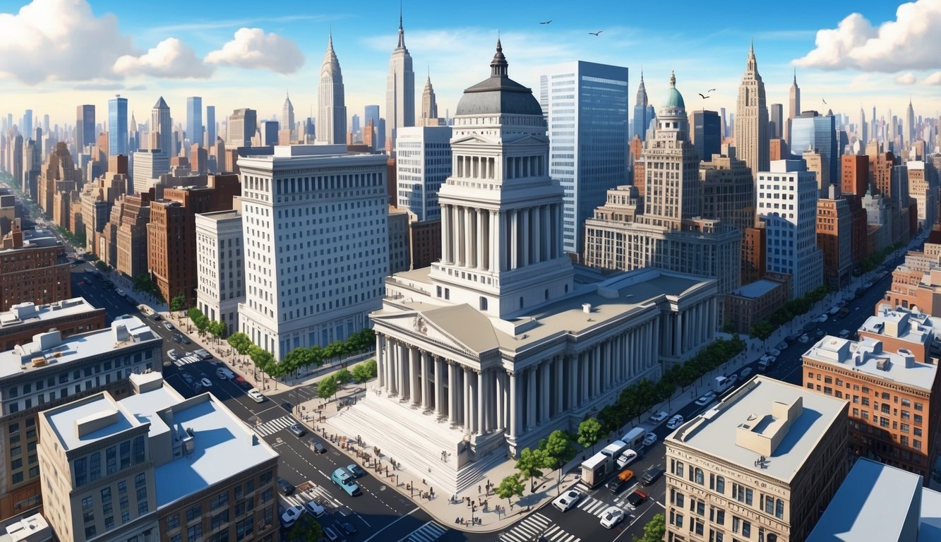 A bustling New York City skyline with a prominent courthouse and law office buildings, surrounded by busy streets and professional workers