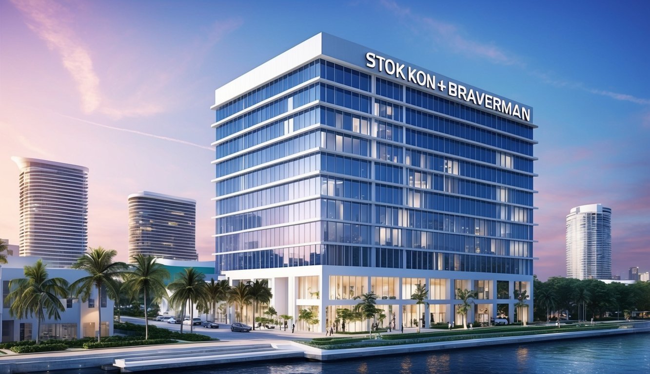 A modern office building in downtown Miami with a prominent sign reading "Stok Kon + Braverman Best Real Estate and Business Lawyers."