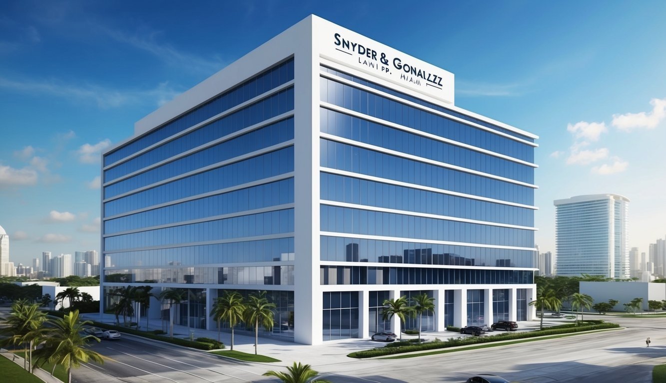 A modern office building in downtown Miami with a sleek exterior and professional signage for Snyder & Gonzalez, P.A. Lawyers