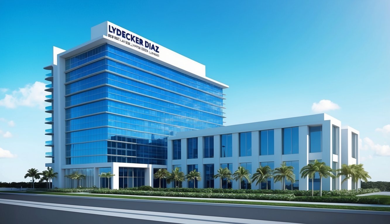 A modern office building with sleek architecture and a prominent sign reading "Lydecker Diaz Best Real Estate and Business Lawyers in Miami" stands against a clear blue sky