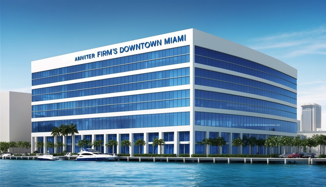 A sleek and modern office building in downtown Miami, with the firm's name prominently displayed on the exterior