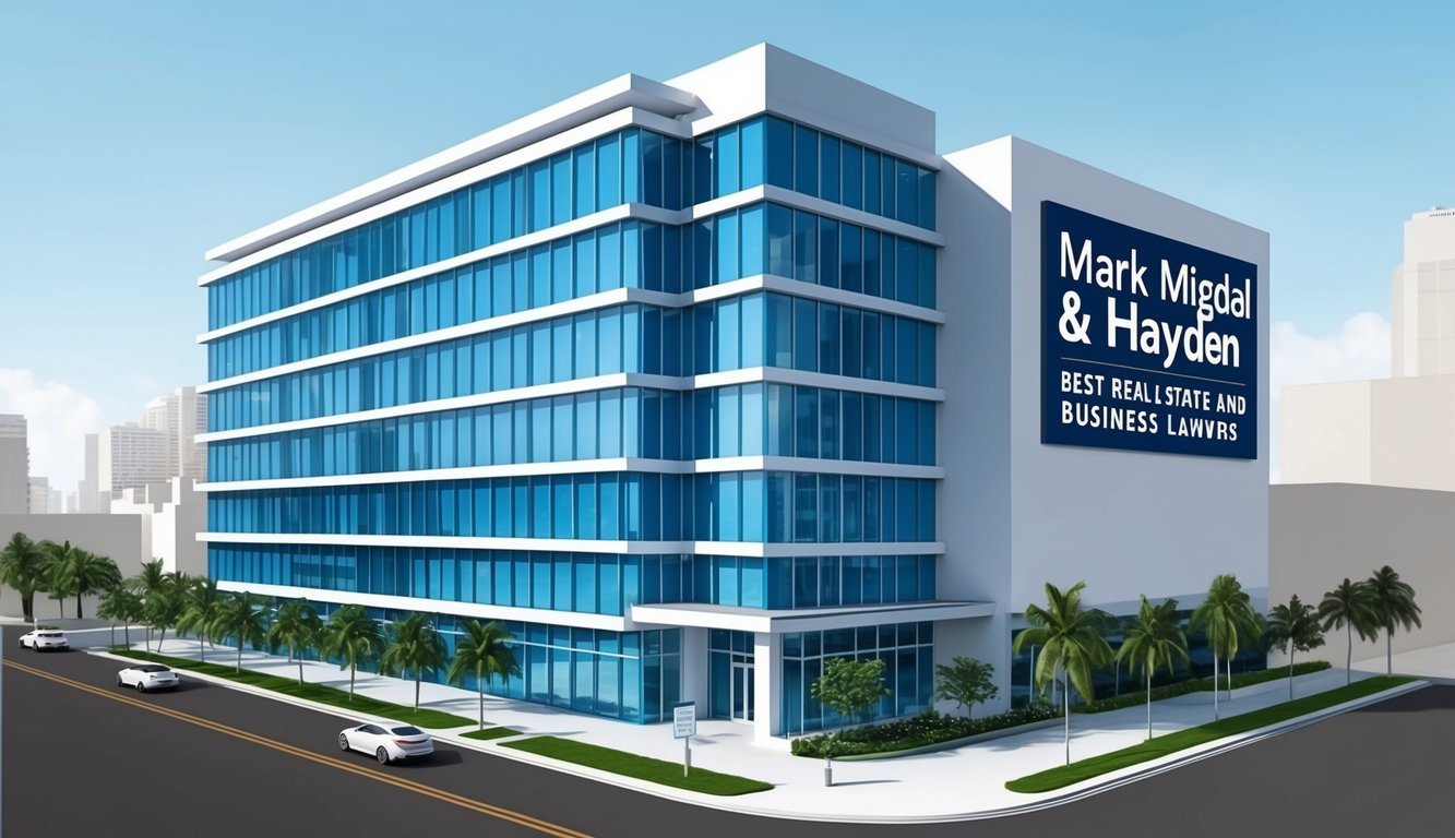 A modern office building in downtown Miami, with sleek architecture and a prominent sign reading "Mark Migdal & Hayden Best Real Estate and Business Lawyers."