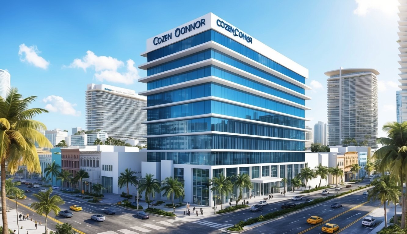 A modern office building in downtown Miami with a prominent sign for Cozen O'Connor, surrounded by palm trees and bustling city streets