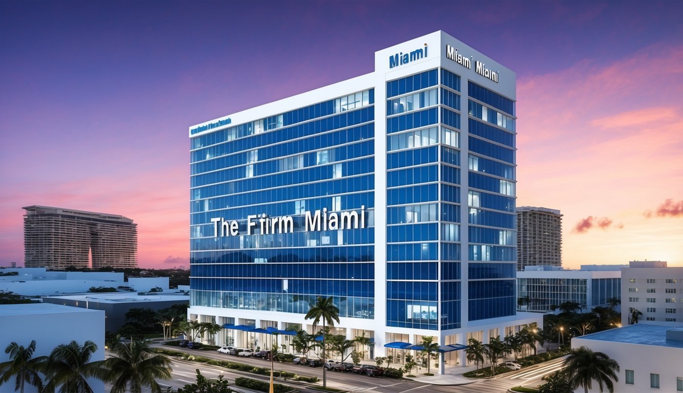 A modern office building in downtown Miami with the firm's name prominently displayed on the exterior