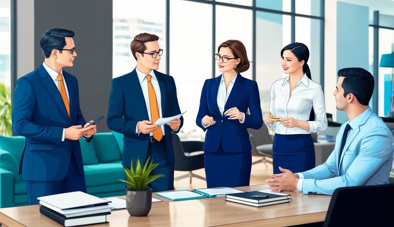 A group of lawyers discussing real estate and business matters in a modern office setting in Miami